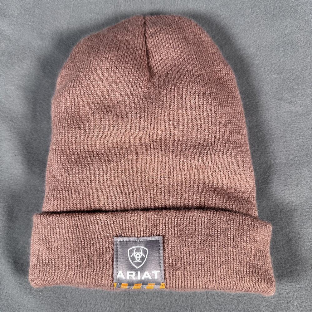 Ariat Hat Beanie Cuffed Knit‎ Brown Logo Patch Made in USA Mens Workwear Warm
